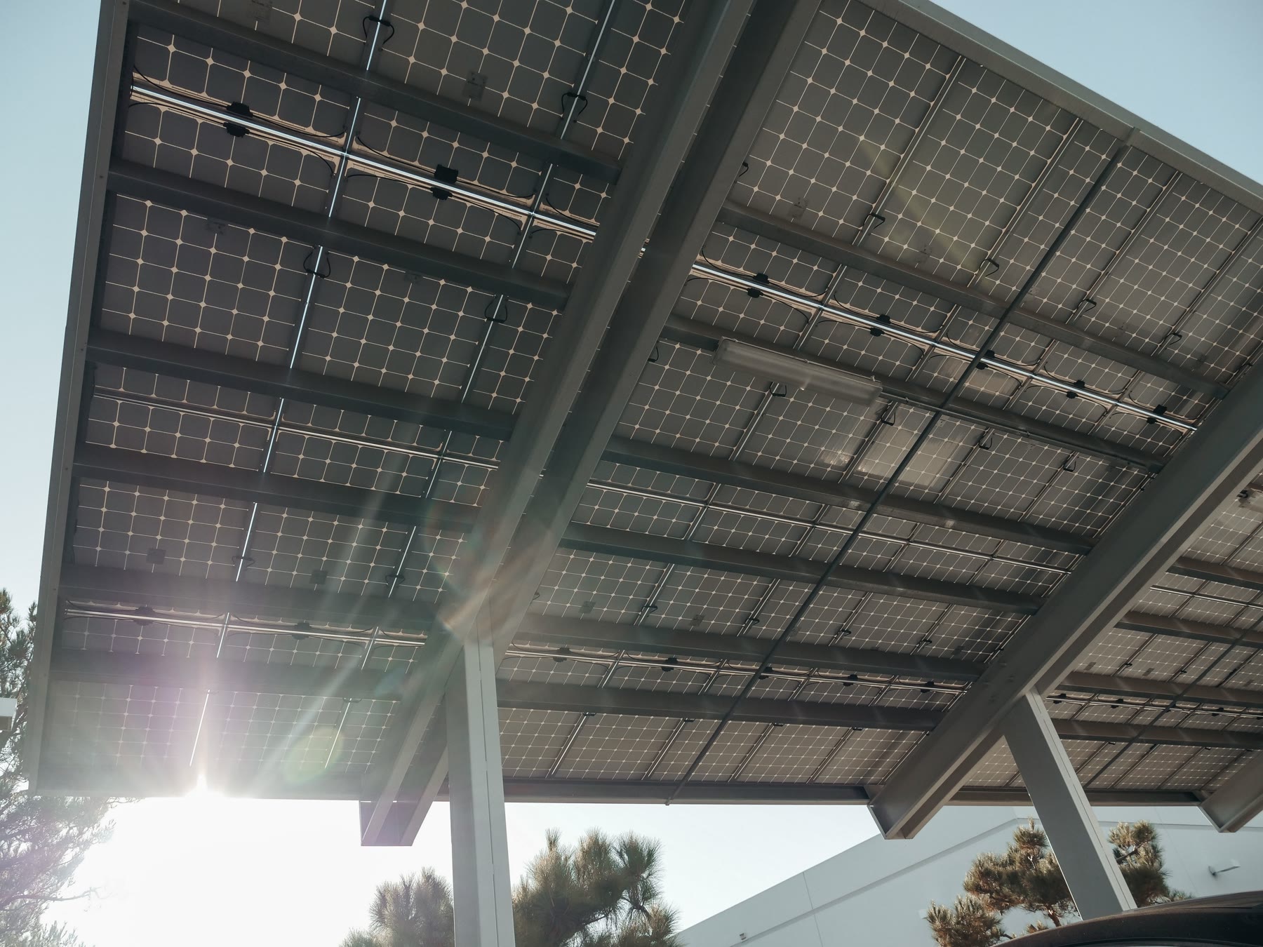 Estructura de paneles solares vista desde abajo a contraluz, con la luz del sol atravesando las celdas y la estructura de acero que las sostiene.