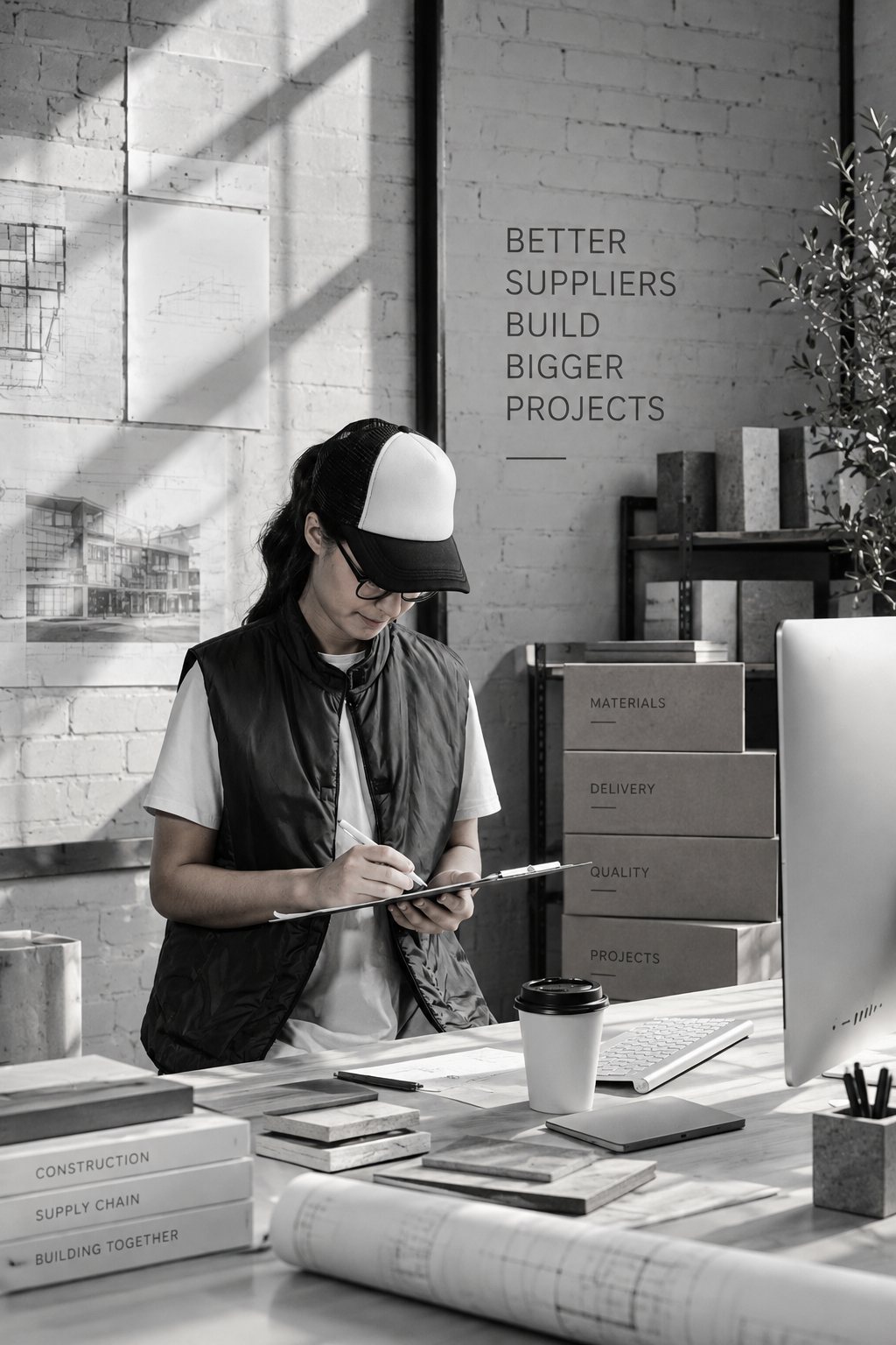 Fotografía en blanco y negro de una persona con gorra y chaleco escribiendo en una tablilla junto a un escritorio con planos, cajas etiquetadas «materials», «delivery», «quality» y «projects», y en la pared el texto «better suppliers build bigger projects».